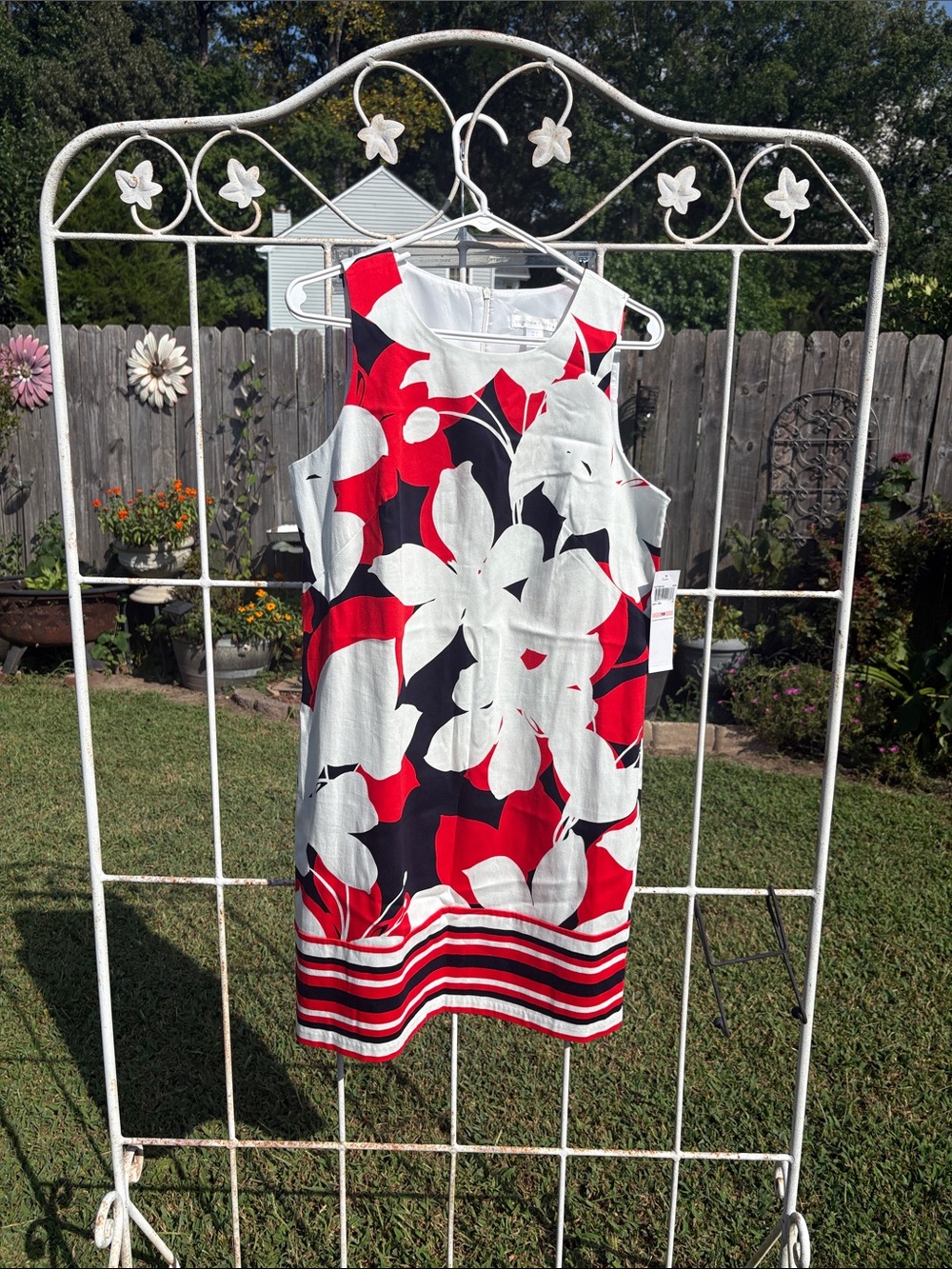 London Times Girls' Red, Black & White Floral Sleeveless Shift Dress